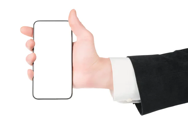 Man White Shirt Black Suit Hand Holding Smartpone Copy Space — Fotografia de Stock