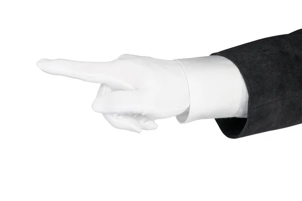 Чоловік Рука Чорному Костюмі Білі Рукавички Вказують Пальцем Ізольовано Білому — стокове фото