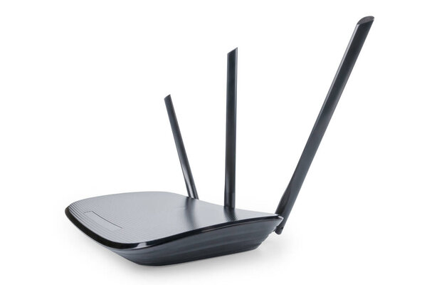 Black wifi router in wide angle perspective. Isolated on white, clipping path included