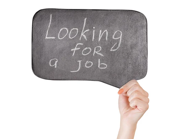 Woman Hand Holding Black Slate Looking Job Text Isolated White — Stockfoto