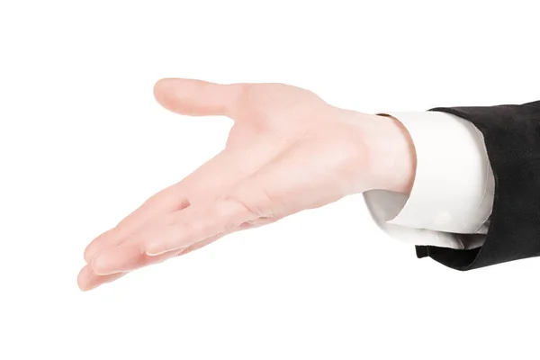Man Suit Open Hand Making Giving Supporting Gesture Isolated White lizenzfreie Stockbilder