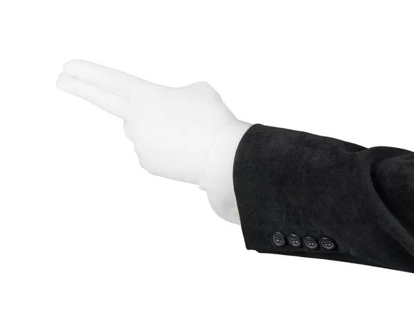 Рука Людини Чорному Костюмі Білі Рукавички Показують Жест Стрільби Ізольовано Ліцензійні Стокові Фото