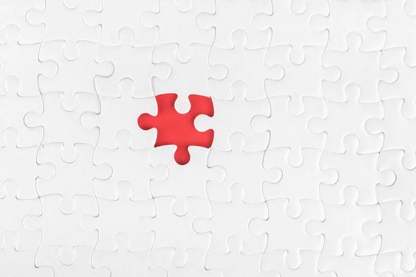 White Blank Jigsaw Puzzle One Piece Missing Part Incompleteness Theme Stockbild