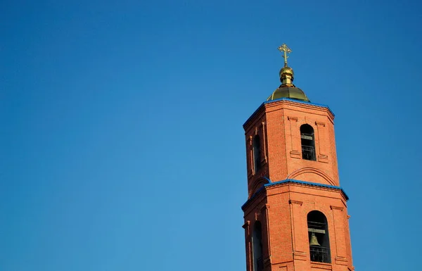 Church Tower Blue Sky Background Cross Dome — Stock Photo, Image