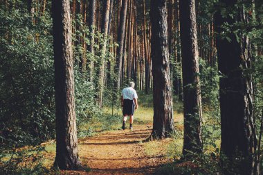 Ormanda ağaçların arasında yürüyen bir adam