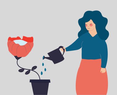 Female watering a rose in the pot. Young woman gardener grows a red flower. Girl takes care of her plants. Earth day, education, green planet, ecology, forestation, Mental health, wellbeing concept.