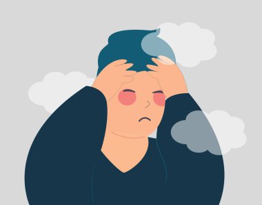 Depressed Young man with a clouded mind feels sad. Stressed teenager male suffers from Alzheimer or temporary memory loss. Mental health disorders, anxiety, depression concept. Vector illustration.