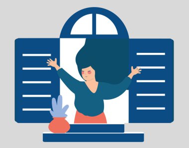 Young woman looks happy and opens the window shutters. Teenager girl breathes the fresh air and opens her arms. Positive vibes, Inner peace, freedom, mental health and lifestyle Concept. Vector stock.