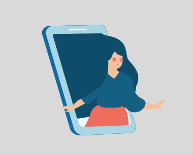 Vulnerable woman runs out of her cellphone. Girl feels solitude and loneliness on social media through mobile. Online network influence on mental health and psychological wellness. Vector illustration