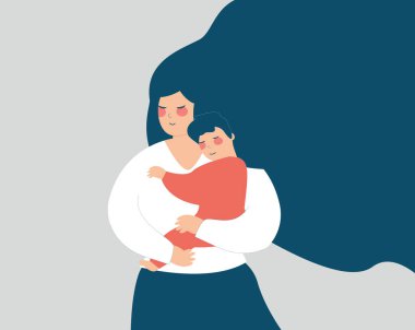 Lovely mother embraces her son with love, Young mom holds her baby with care. Happy international mothers day, hugging a small boy, parent and child, parenting, motherhood concept. Vector illustration