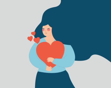 Happy woman hugs a big heart between her arms. Young mother embraces a red heart with love. Motherhood, self acceptance, confidence, mental health, positive vibes, family care concept. Vector stock