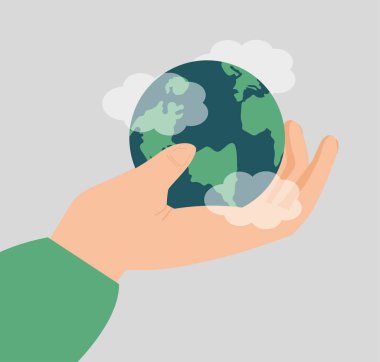 Big human hand cares for the mother earth. Man or woman holds the Green planet and puts it on the palm. Concept of international earth day, save and protect the globe, environment conservation. Vector