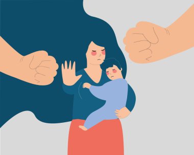 A young mother protects her child from a man's big fist that threats them. Concept of family abuse, domestic violence, motherhood, negative parenting, Stop bullying children and women. Vector stock.