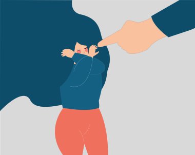 Genç bir kadın onu işaret eden kollarıyla yüzünü kapatıyor. Kız yüzünü kapatıyor ve işaret parmağıyla onu işaret ettiği için kendini suçlu hissediyor. Kadınlara zorbalık etmeyi bırak, zihinsel sağlık bozukluğu kavramı.