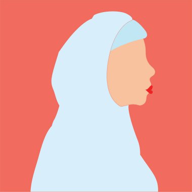 Beyaz tesettürlü genç bir Arap kadın. Orta Doğu bölgesi afişinde Müslüman yetişkin bir kızın yüzü. Arap Kadınları, Anneler Günü tebrik kartı. Kadınların güçlendirme konsepti. vektör illüstrasyonu.