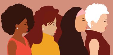 Four women from many ethnicity united and standing. Group of different girls represent sisterhood and freedom. women's rights, gender equality. woman empowerment movement concept. Vector illustration