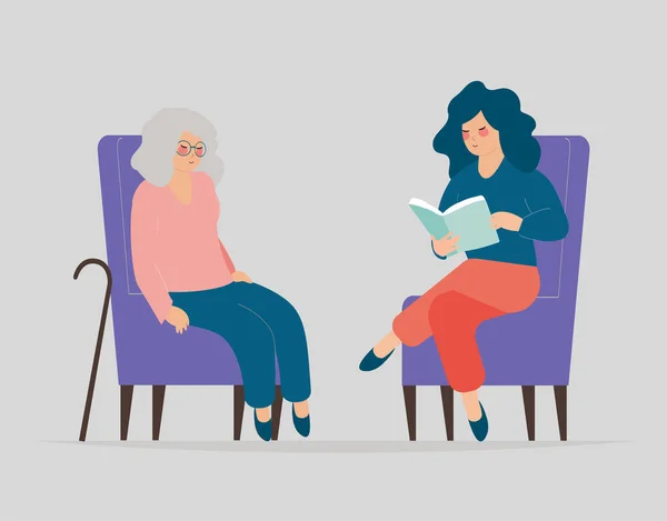 Woman Caregiver Social Assistance Reading Book Elderly Volunteer Taking Care — Διανυσματικό Αρχείο