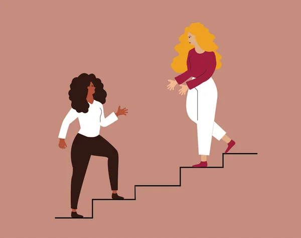Woman Supports Her Workmate Climb Career Ladder Two Women Rise — Archivo Imágenes Vectoriales