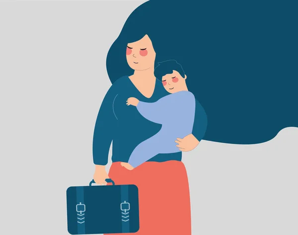 Businesswoman Holds Her Baby Boy One Hand Her Briefcase Other — Archivo Imágenes Vectoriales