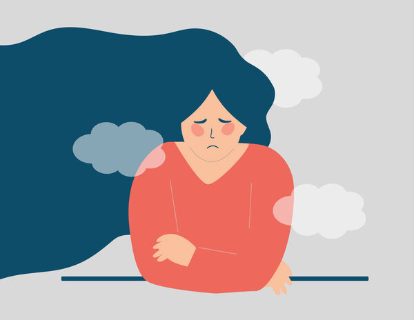 Depressed Young woman with a clouded mind feels sad. Stressed teenager girl suffers from Alzheimer, dementia or amnesia. Mental health disorders, anxiety, depression concept. Vector illustration.