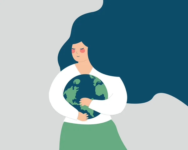 Adult Woman Embraces Earth Globe Care Young Female Hugs Green — Διανυσματικό Αρχείο