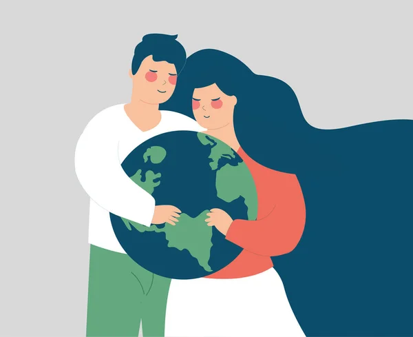 Happy Couple Embrace Globe Care Man Woman Hold Green Planet — Vetor de Stock
