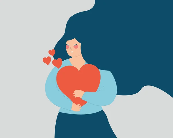Happy Woman Hugs Big Heart Her Arms Young Mother Embraces — стоковый вектор