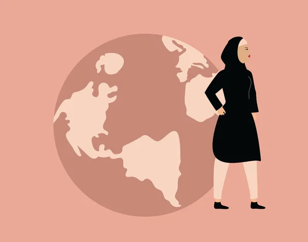 Feminist Arab Middle East Woman Standing Next World Globe Looks — Stockvektor