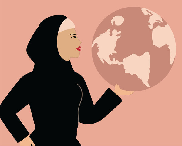 Feminist Arab middle east woman holding the world globe. Activist female with scarf rules and cares the world. Woman's empowerment movement, environment conservation or save the earth day concept.