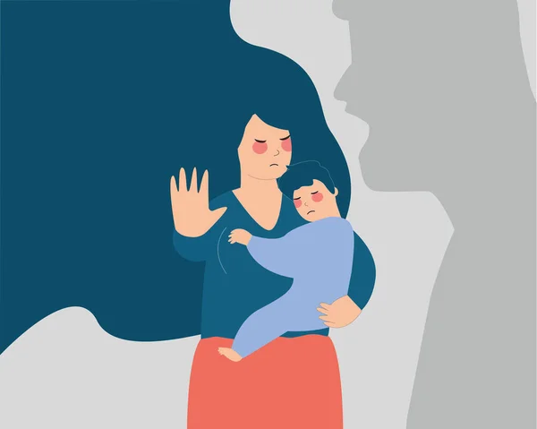 Young Mother Protects Her Child Man Shadow Threats Yell Them - Stok Vektor