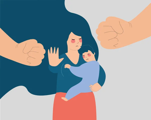 Young Mother Protects Her Child Man Big Fist Threats Them — Stock vektor