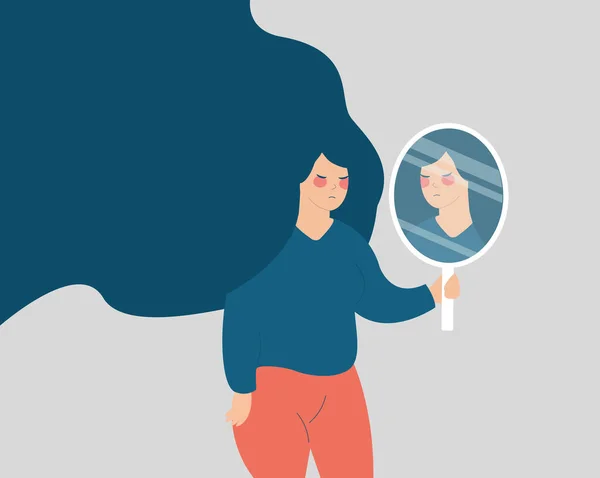 Young Woman Looks Her Reflection Mirror Sad Way Girl Holding — 스톡 벡터