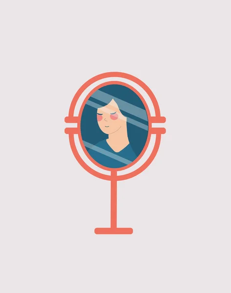 Young Woman Girl Looks Her Reflection Big Table Mirror Seems — Stockvector