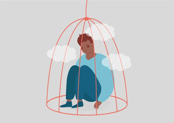 Young Black Man Sitting Bird Cage Prisoner Adolescent Male Influenced — стоковый вектор