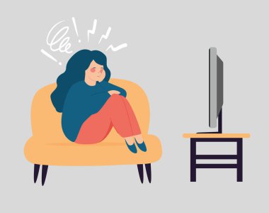 Genç bir kadın oturuyor ve üzgün görünüyor. Depresyondaki kız dizlerine sarılıyor ve televizyon seyrediyor. Sıkılmış kadın depresyondan muzdarip. Akıl sağlığı bozuklukları ve can sıkıntısı kavramı. Vektör illüstrasyonu.