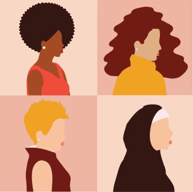 International woman, mother day banner from different ethnicity, cultures. Strong entrepreneur females from multicultural backgrounds. Women's empowerment festive, gender equality concept, solidarity.