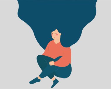 Kadın meditasyon yapıyor ve yere oturuyor. Nefes kontrol egzersizi yapan bir kız. Uçan saçlı bir kadın yoga yapıyor. Bencillik, iç huzur, meditasyon ve akıl sağlığı kavramı. Vektör deposu.
