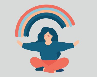 Young woman practices yoga and open her arms to the rainbow. Happy girl sits in lotus pose and creates positive vibe around her. Female enjoys her life. Freedom, well being, mental health care concept