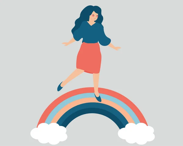 Young Female Spreads Positive Vibe While Walking Rainbow Balance Happy — Archivo Imágenes Vectoriales