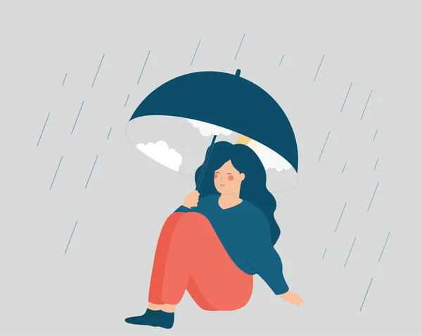 Young Woman Sits Umbrella Looks Happy Girl Good Mood Because — Image vectorielle
