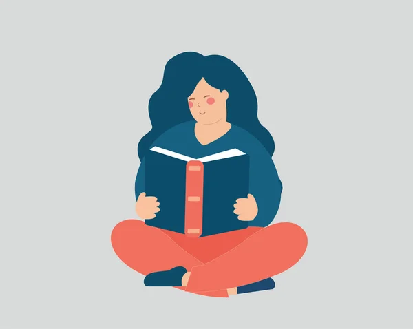 Happy Woman Enjoys Reading Book While Sitting Floor Happy Girl — Archivo Imágenes Vectoriales
