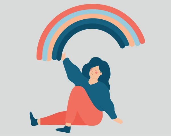 Woman Sits Floor Draws Rainbow Her Hand Happy Girl Creates — Archivo Imágenes Vectoriales
