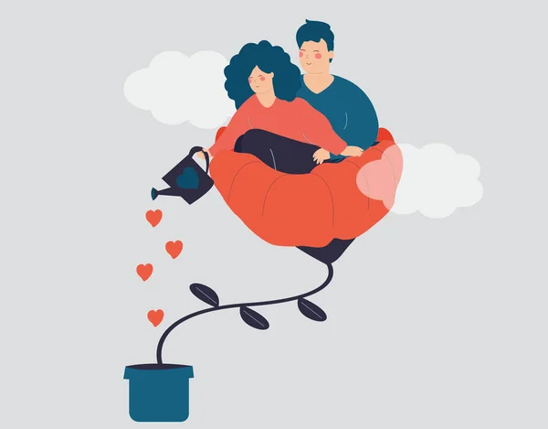 Young Couple Embrace Each Other Flower Watering Red Hearts Wife — Stock vektor