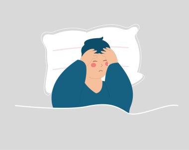 Genç adamın uykusuzluğu ve baş ağrıları vardı. Çocuk migrenden muzdarip, gece boyunca uyumakta zorlanıyor. Erkek uykulu görünüyor ve kafasına dokunuyor. Uyku sorunu, anksiyete, akıl sağlığı bozukluğu