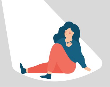 Positive optimistic girl touches her heart and looks happy. Young woman holds a light into her peaceful inner world. Freedom, Introspection, wellbeing, tranquility and Self-acceptance concept. Vector.