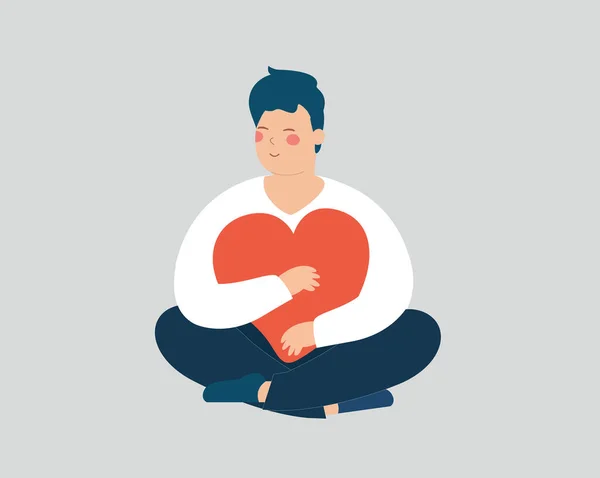 Young Man Holds Hugs Big Heart Happy Adolescent Boy Sits — Image vectorielle