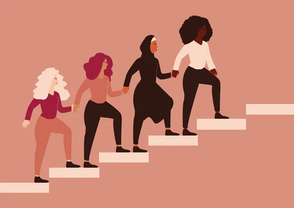 Group Strong Women Climbing Highly Stairs Hold Hands Help Each — Stockvector