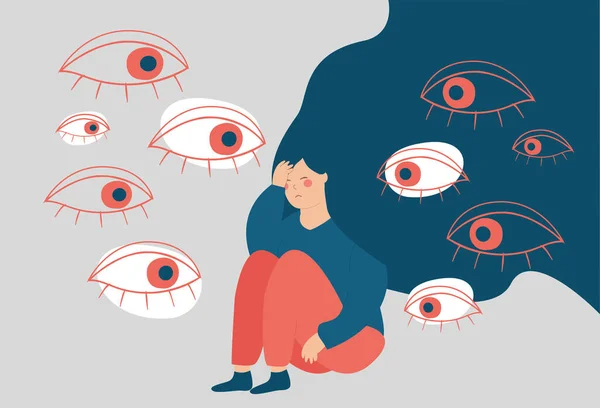 Young Woman Surrounded Big Evil Eyes Feels Helpless Depressed Girl — стоковый вектор