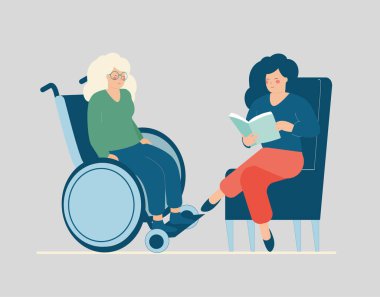 Woman or daughter is reading a book to an elderly person with a disability uses a wheelchair. Caregiver or social assistance taking care of senior people. Alzheimer disease, mental health concept.