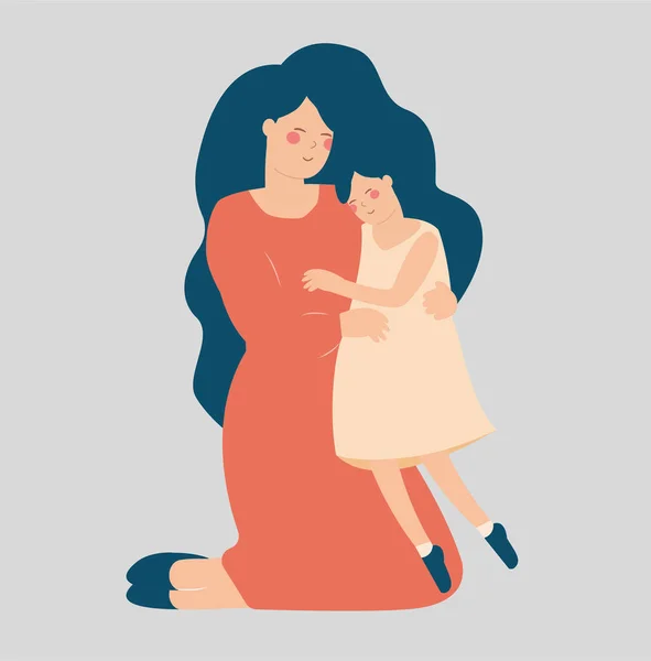 Side View Smiling Young Mother Sits Floor Hugs Her Daughter — Vetor de Stock